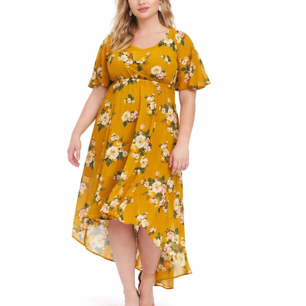 Torrid 1X Floral High Low Yellow Sheer Maxi Dress 0127 Slip Underneath mustard